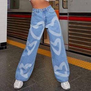 High Waist Heart Print Wide Leg Jeans